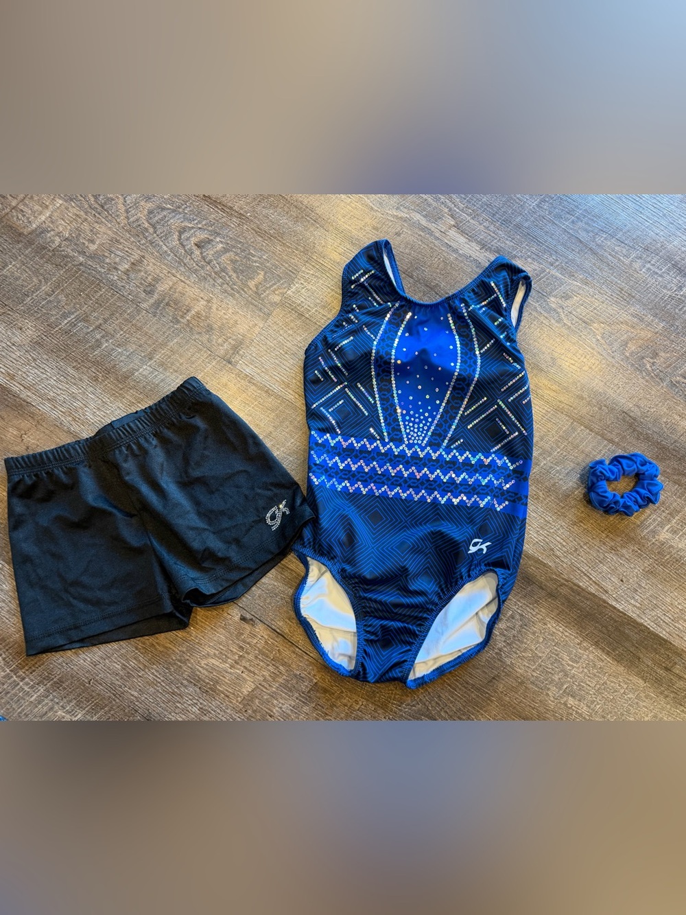 GK Elite Relentless Tank Leotard AXS/Jeweled Shorts & Scrunchie Gymnastics Set